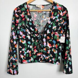 Open Edit Tie Front, Bell Sleeve Floral Top, Black-multi, Sz. XXS NWT Nordstrom